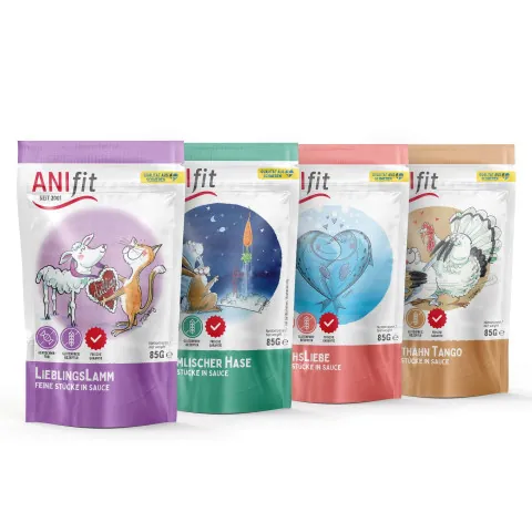 ANIfit Pouches in vier Sorten: Lieblingslamm, Himmlischer Hase, Lachsliebe und Truthahn Tango