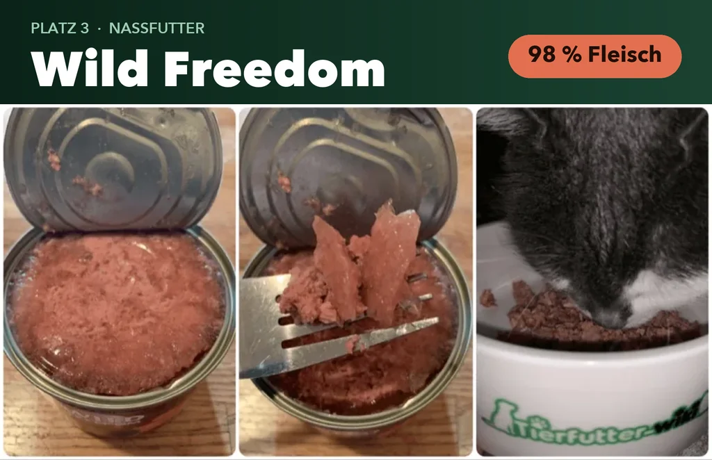 Wild Freedom Katzenfutter im Test: geöffnete Dose, Fleischstruktur und Katze beim Fressen